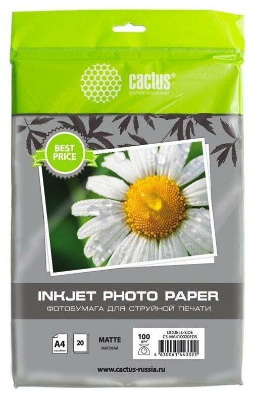 Фотобумага Cactus CS-MA410020EDS A4/100г/м2/20л./белый матовое/матовое для струйной печати