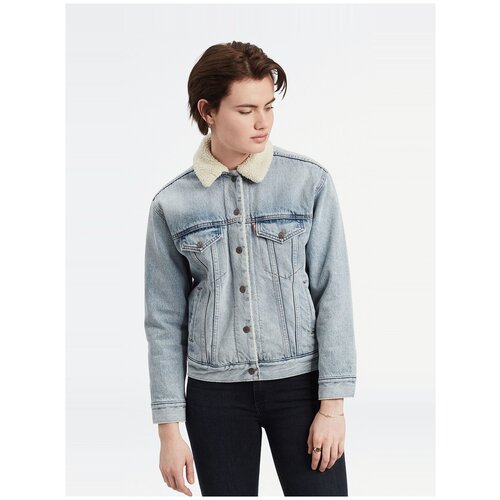 Джинсовая куртка  Levi's Ex-Boyfriend Sherpa Trucker Jacket демисезонная, средней длины, силуэт свободный, карманы, отделка мехом, без капюшона, размер L, голубой