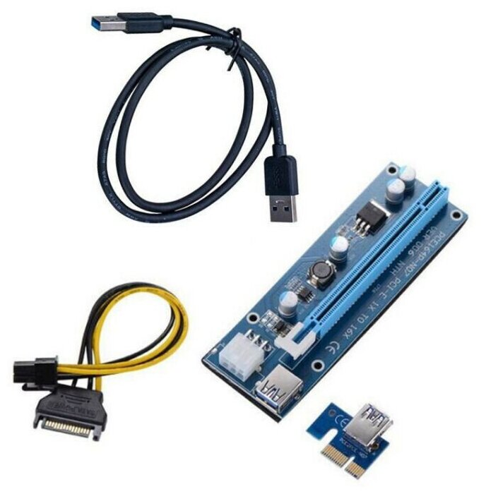 Райзер для видеокарты Riser Card Ver V006C PCI-E x16 6PIN USB 3.0 60см синий кабели в комплекте