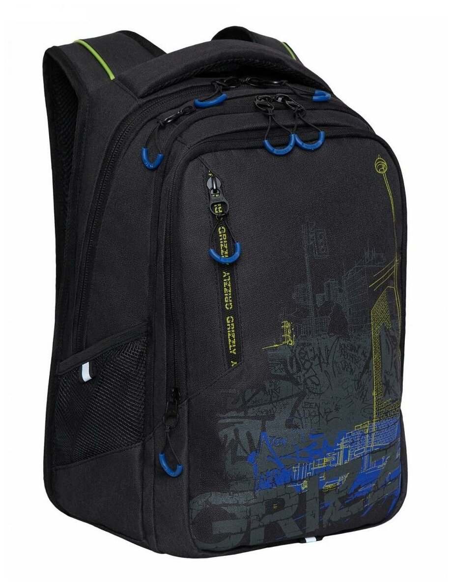 Школьный рюкзак с ортопедической спинкой GRIZZLY RU-338-1 черный - салатовый, грудная стяжка, 3 отделения, 42x31x22см, 17л.