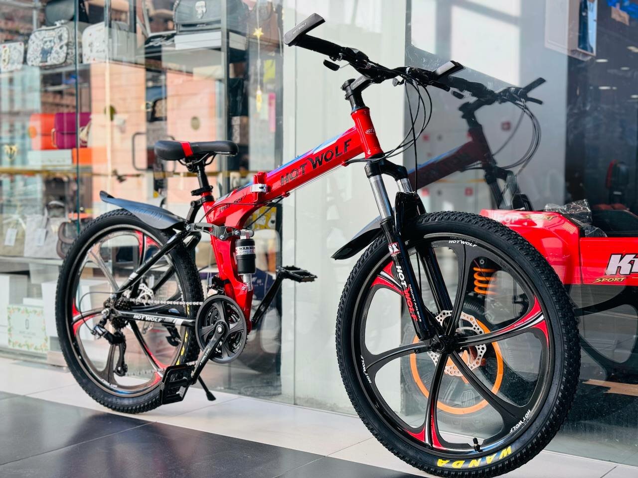Горный велосипед складной HOT WOLF 597, 24 дюймов / подростковый, мужской и женский для прогулки / скоростной, спортивный велик красный