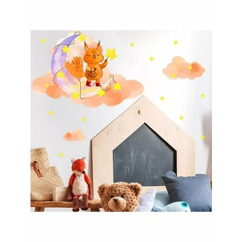 Наклейка пластик интерьерная цветная Лисёнок на месяце 30 554₽