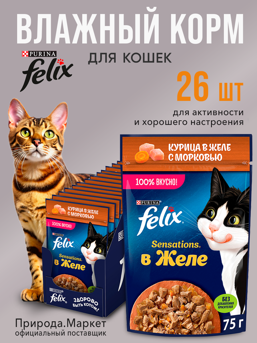 Корм для кошек влажный курица в желе с морковью, 26 штук по 75 г