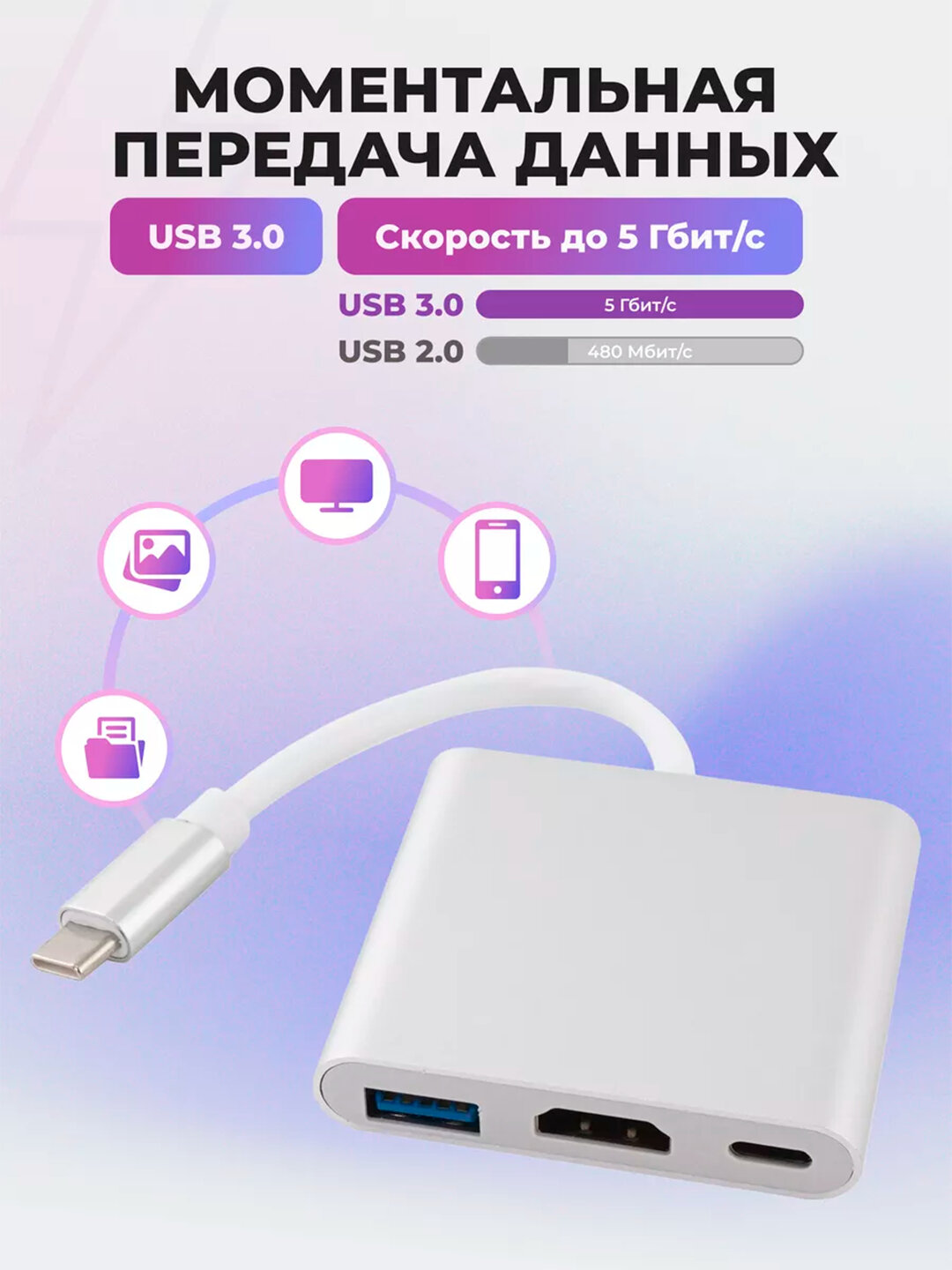 Переходник USB HDMI 4K Type-C USB2.0/3,0 Hub адаптер для macbook и смартфонов