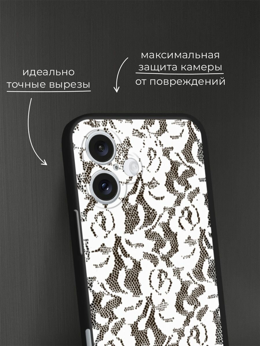Черный матовый чехол на Apple iPhone 16 Plus / Айфон 16 Плюс с принтом Белые кружева цветов — фото 1