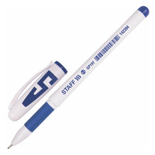 Ручка гелевая с грипом STAFF Manager GP-197 синяя корпус белый игольчатый узел 0 5 мм линия письма 0 35 мм, 36 шт