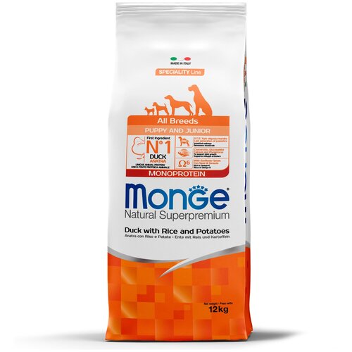 Сухой корм Monge Dog Speciality Line Monoprotein для щенков всех пород утка с рисом и картофелем 12 кг