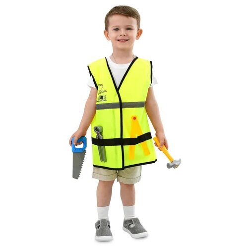 Игровой набор строителя детский 5 предметов Мега Тойс оранжевый (жилет строительный, молоток игрушечный, линейка, пила, кусачки)