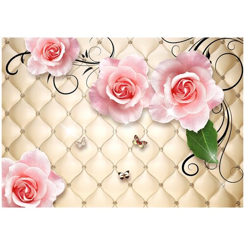 Фотообои Уютная стена Розы на каретной стяжке 3D 380х270 см Виниловые Бесшовные (единым полотном)