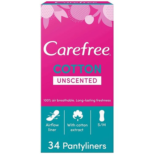 Ежедневные прокладки Carefree СOTTON FEEL UNSCENTED, женские гигиенические 100% дышащие, мягкие, 34 штуки, 1 упаковка