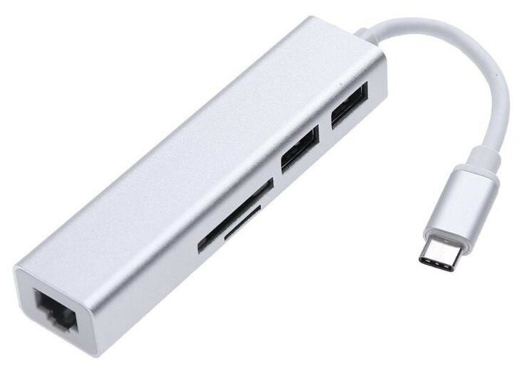 Сетевая карта MyPads разветвитель Type-C/ Hub сплиттер USB 2.0/ Card-reader/ RJ45 с портом Ethernet из алюминиевого корпуса