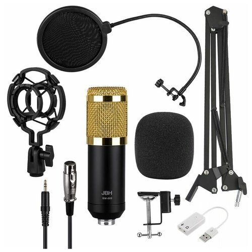Микрофон студийный конденсаторный BM 800 золото с чёрным / С Поп фильтром / креплением к столу / XLR кабелем / USB звуковой картой