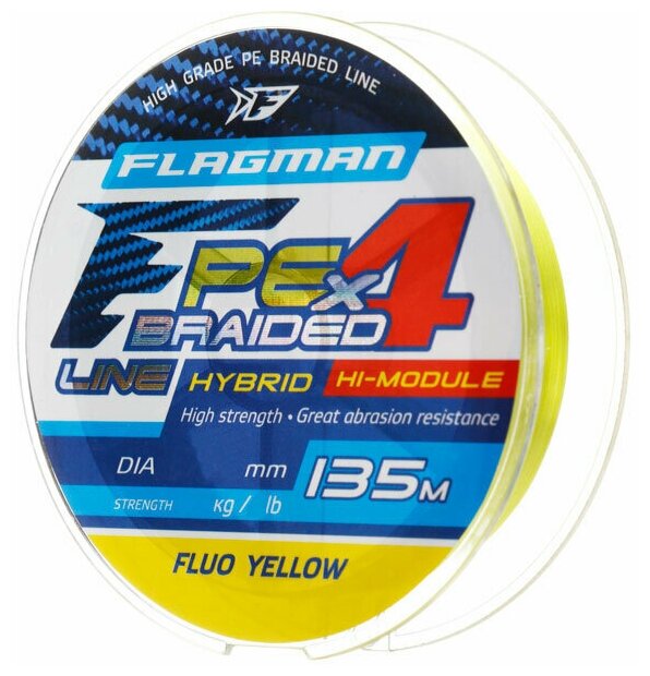 Шнур Flagman PE Hybrid F4 135m FluoYellow 0,14mm. 7,7кг/17lb