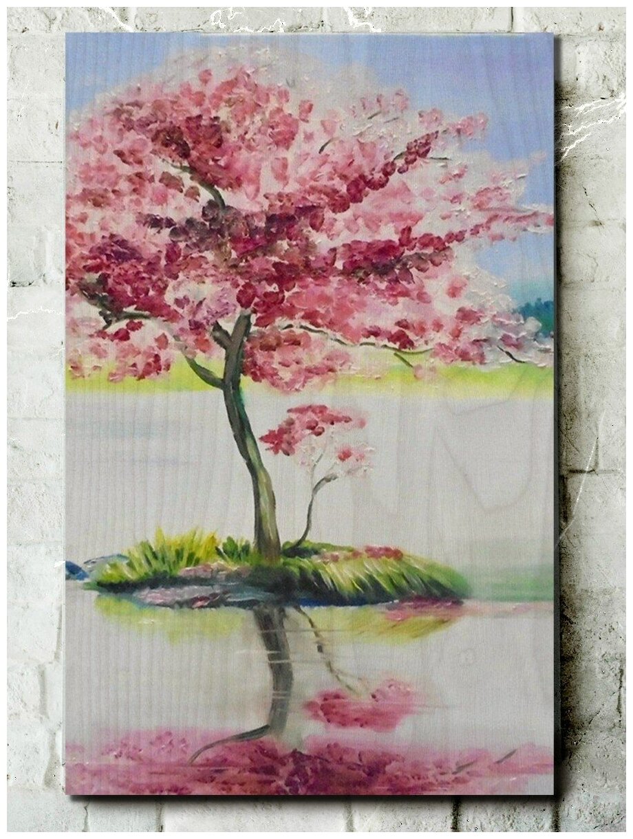 Картина интерьерная на дереве китайская живопись (Го - хуа, сакура) - 911