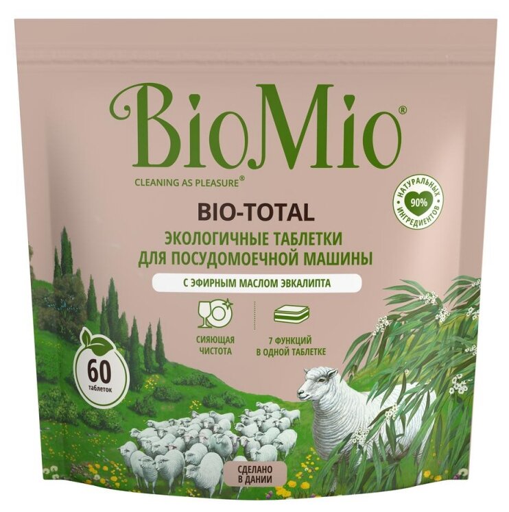 Экологичные таблетки BioMio Bio-Total 7в1 для посудомоечной машины, с эвкалиптом, 100шт. - фото №1