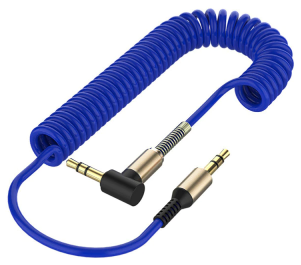 Аудио кабель спиральный 1,5 м, AUX jack 3.5 mm / Акустический провод аукс джек 3,5 мм / синий
