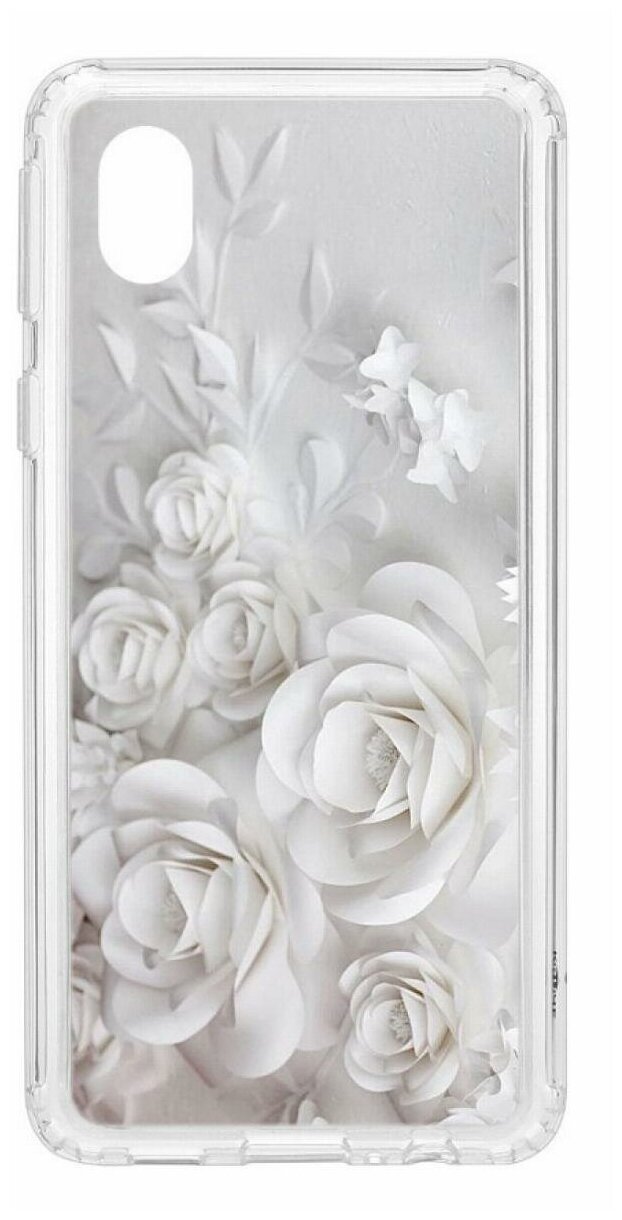 Чехол для Samsung Galaxy A01 Core Kruche Print White roses, пластиковая накладка, силиконовый бампер с защитой камеры, защитный прозрачный с рисунком