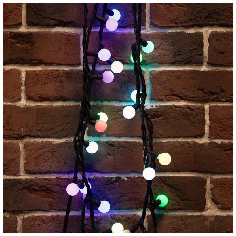 Гирлянда украшение новогоднее светодиодная Мультишарики Neon-night диаметр 23 мм, длина 10 м, черный каучук, 80 LED диодов, свечение с динамикой, цвет свечения разноцветный RGB