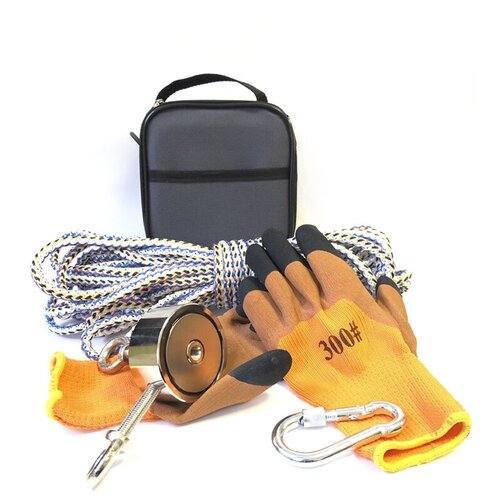 Поисковый набор F100/2 (двухсторонний магнит с.ц. 100кг, веревка, сумка, перчатки) + карабин в подарок