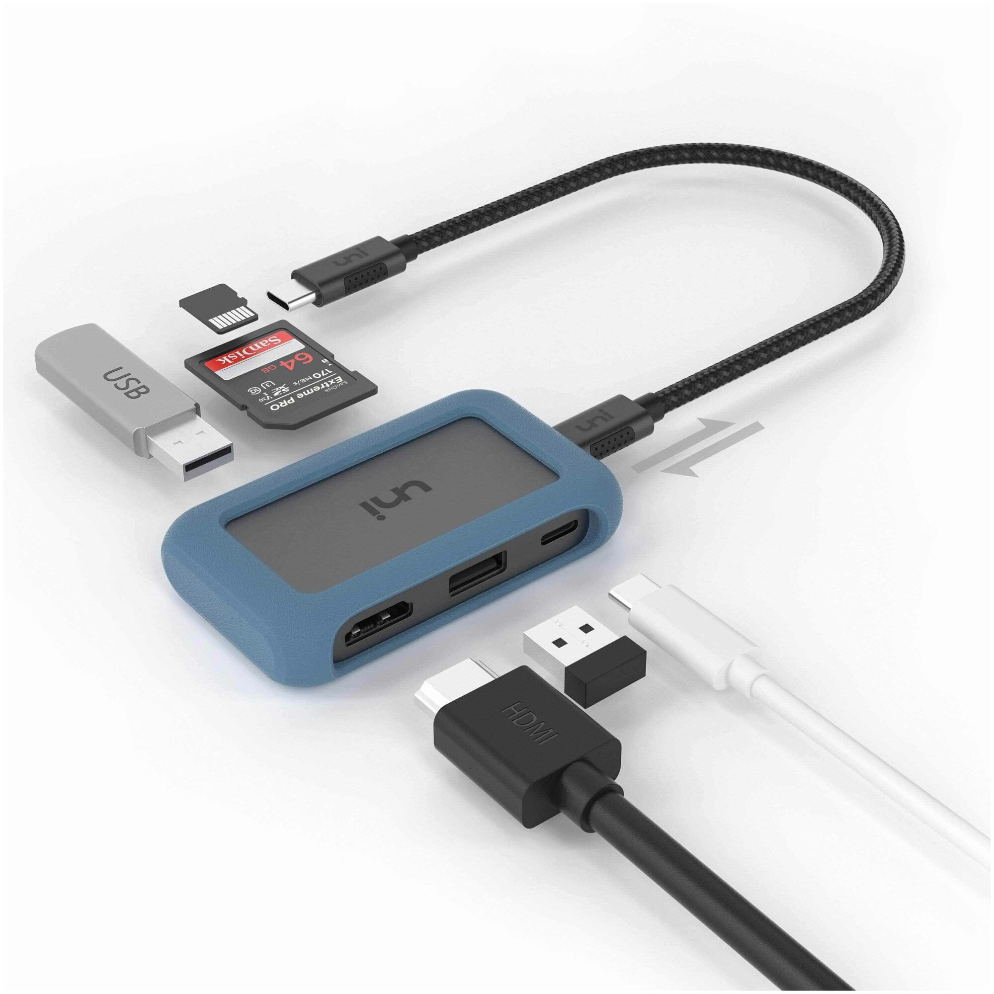 Адаптер uni 6-IN-1 HUB, USB-C, 4K HDMI, SD, 100W PD, серый