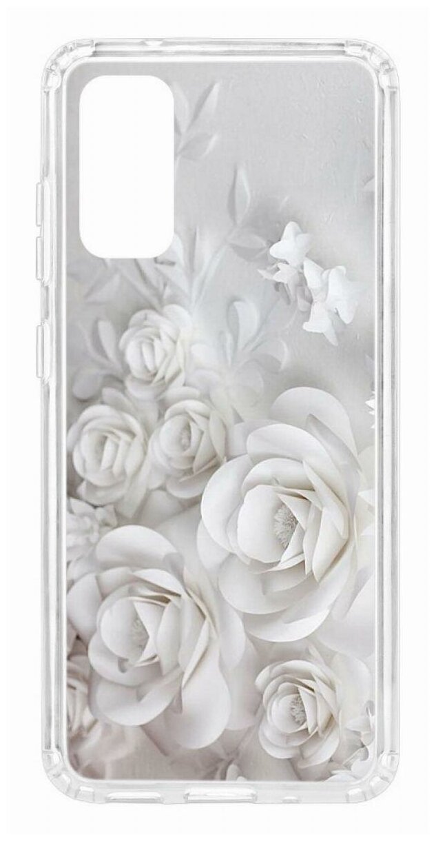 Чехол для Samsung Galaxy S20 Kruche Print White roses, пластиковая накладка, силиконовый бампер с защитой камеры, защитный прозрачный кейс с рисунком