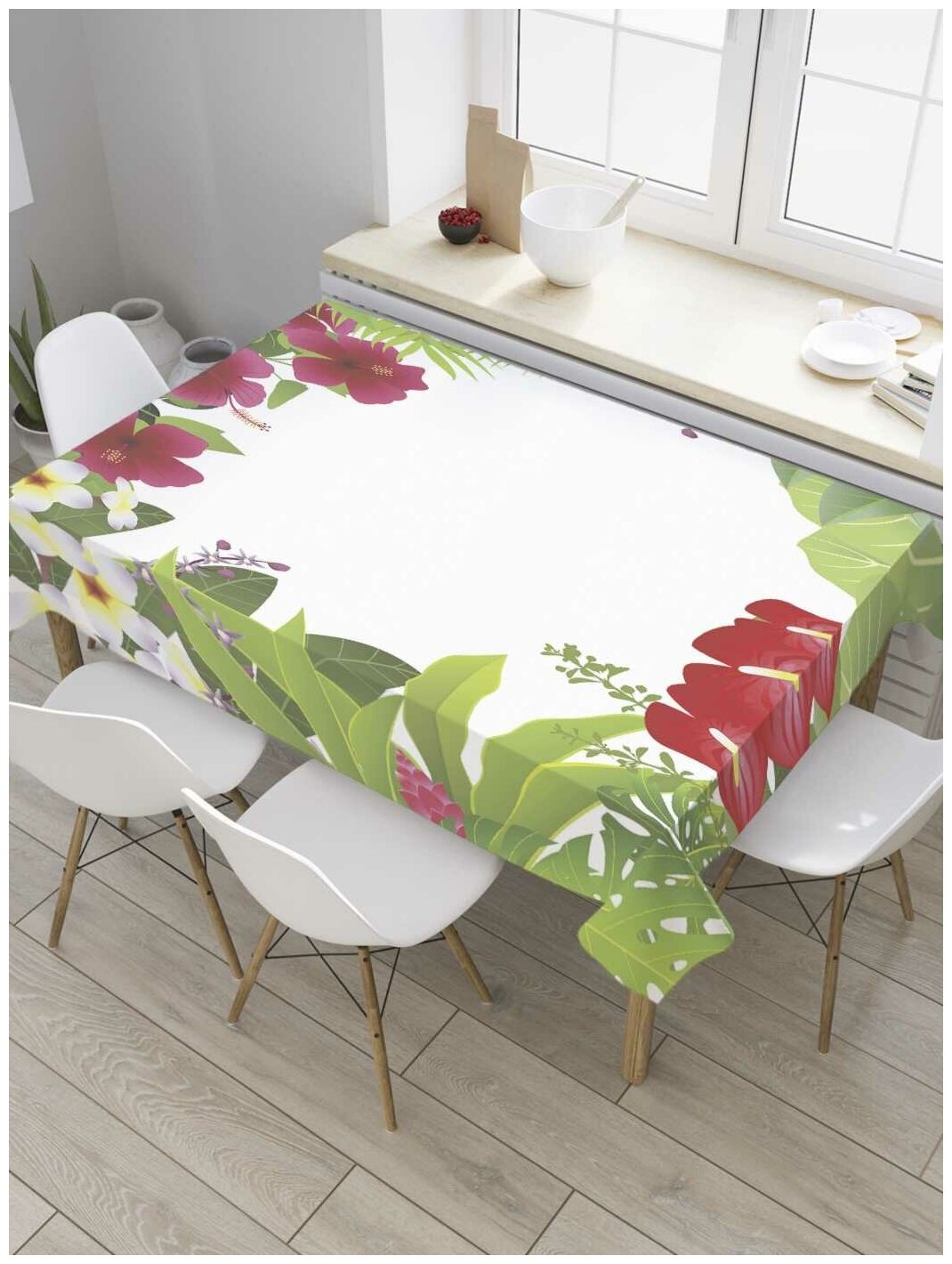 Скатерть прямоугольная JoyArty на кухонный стол "Тропическое цветение" из оксфорда, 120x145 см
