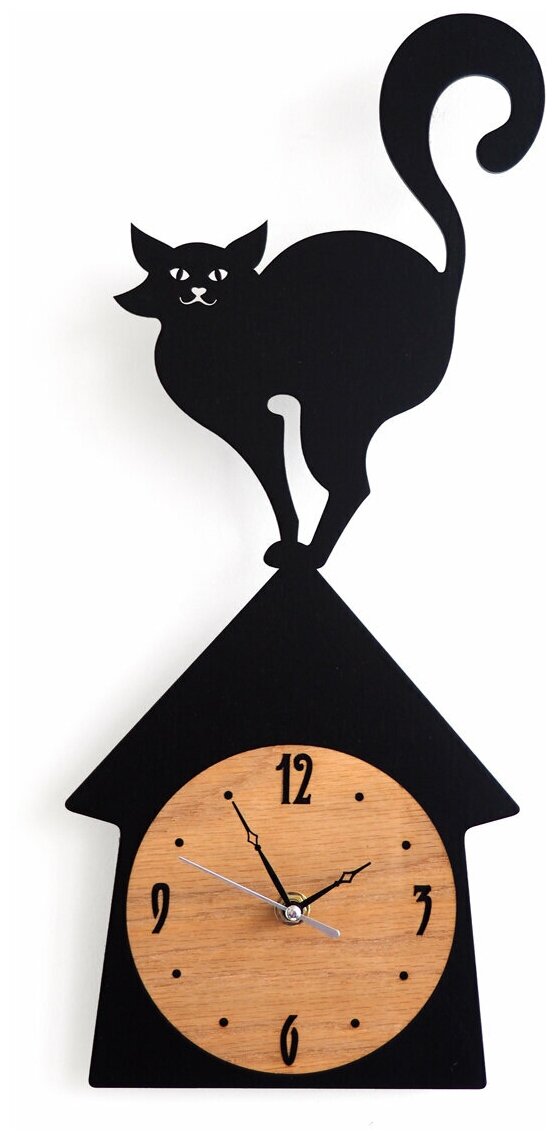 Часы настенные на кухню "Кот на крыше" из дерева, 17х45 см, бесшумные