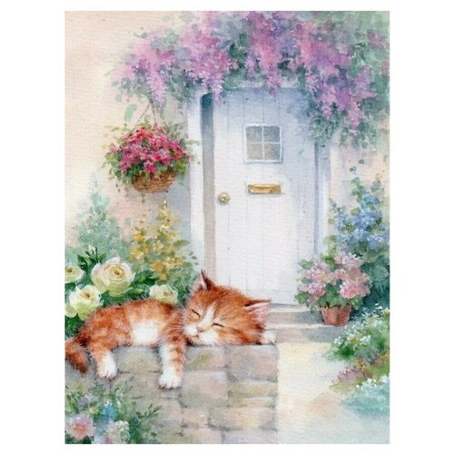 фото Алмазная мозаика без подрамника 40x60 см / круглые стразы / котенок у дверей noname