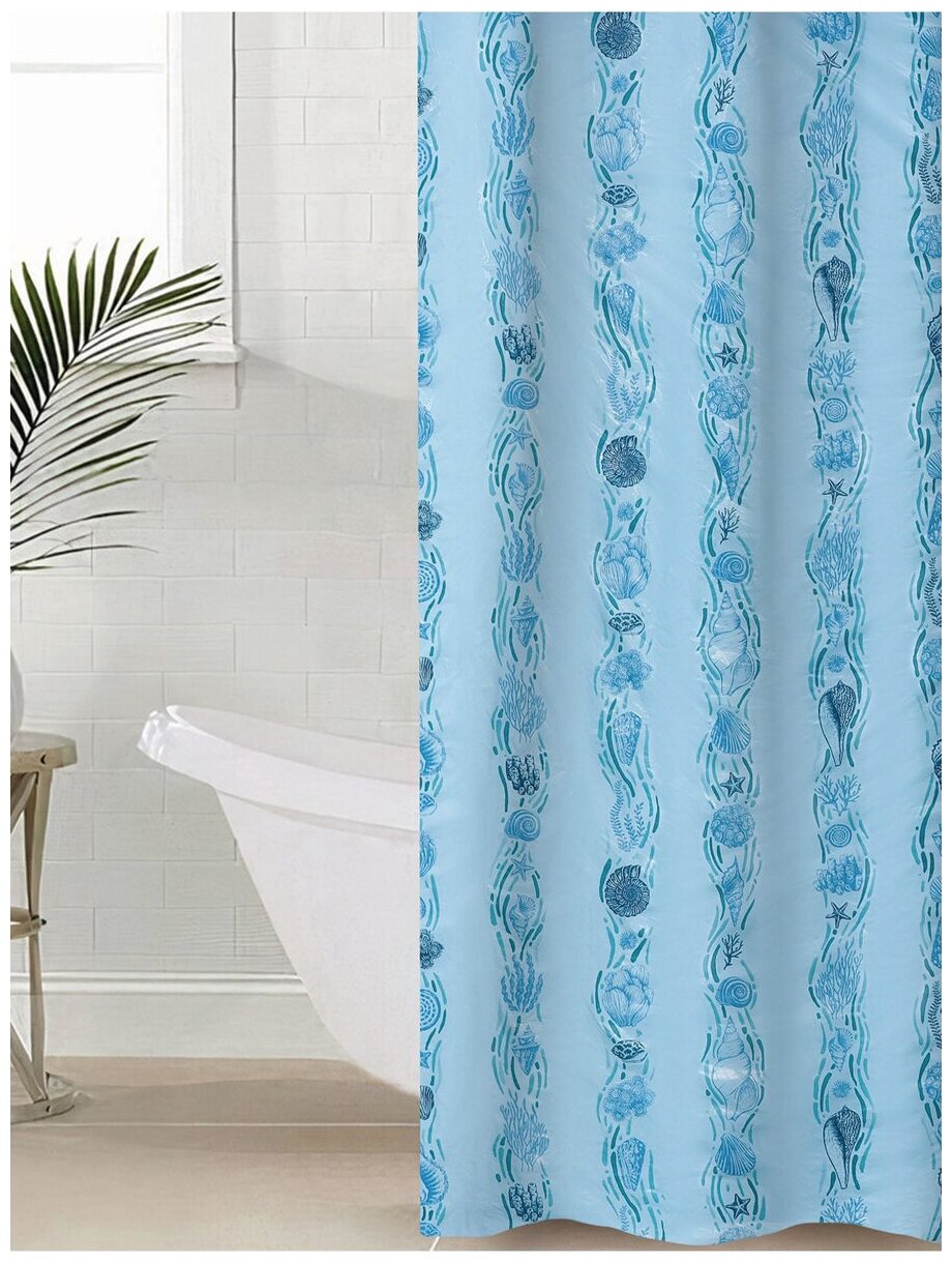 Штора для ванной «Ракушки» 180×180 см полиэтилен цвет голубой