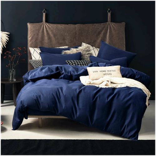 Комплект постельного белья VIVA HOME TEXTILE однотонный CSR0 с простыней на резинке, 2-спальное, полисатин, синий