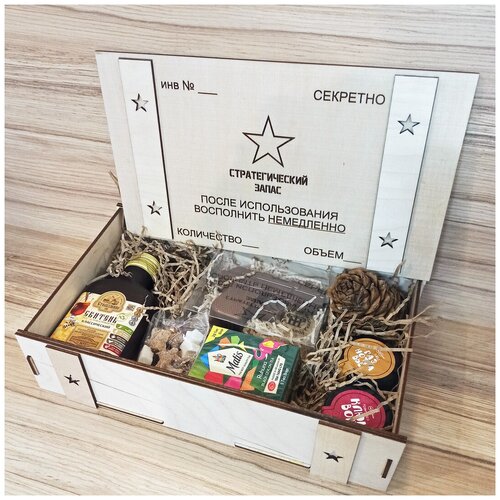 Стратегический запас подарочный набор с чаем и вкусностями в деревянном ящике-пенале 26*17*6,5 см