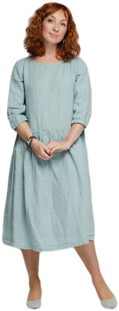 Платье Kayros, лен, в стиле бохо, прямой силуэт, миди, размер 42-44, бирюзовый