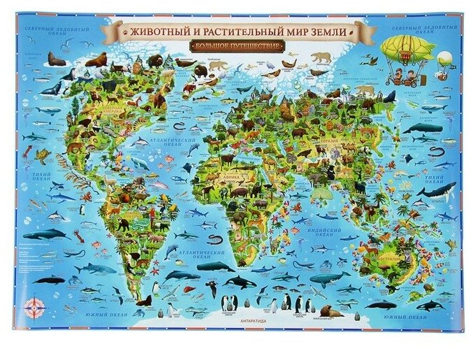 Интерактивная географическая карта Мира для детей «Животный и растительный мир Земли», 60 х 40 см, без ламинации