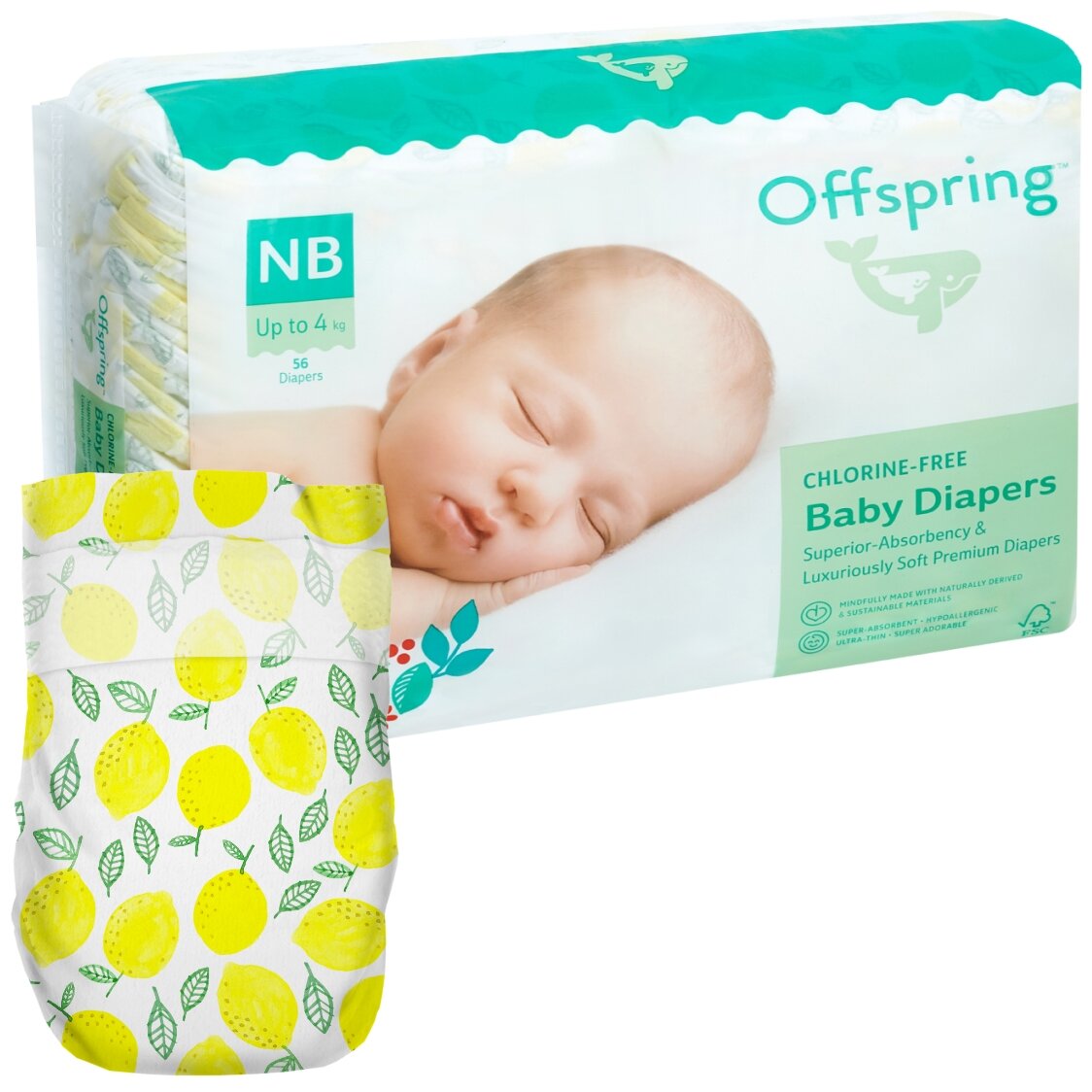 Offspring подгузники, NB 2-4 кг. 56 шт. расцветка Лимоны