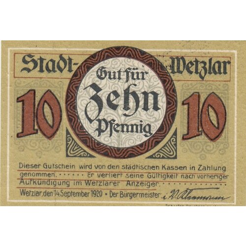 Германия (Веймарская Республика) Вецлар 10 пфеннигов 1920 г. (4)