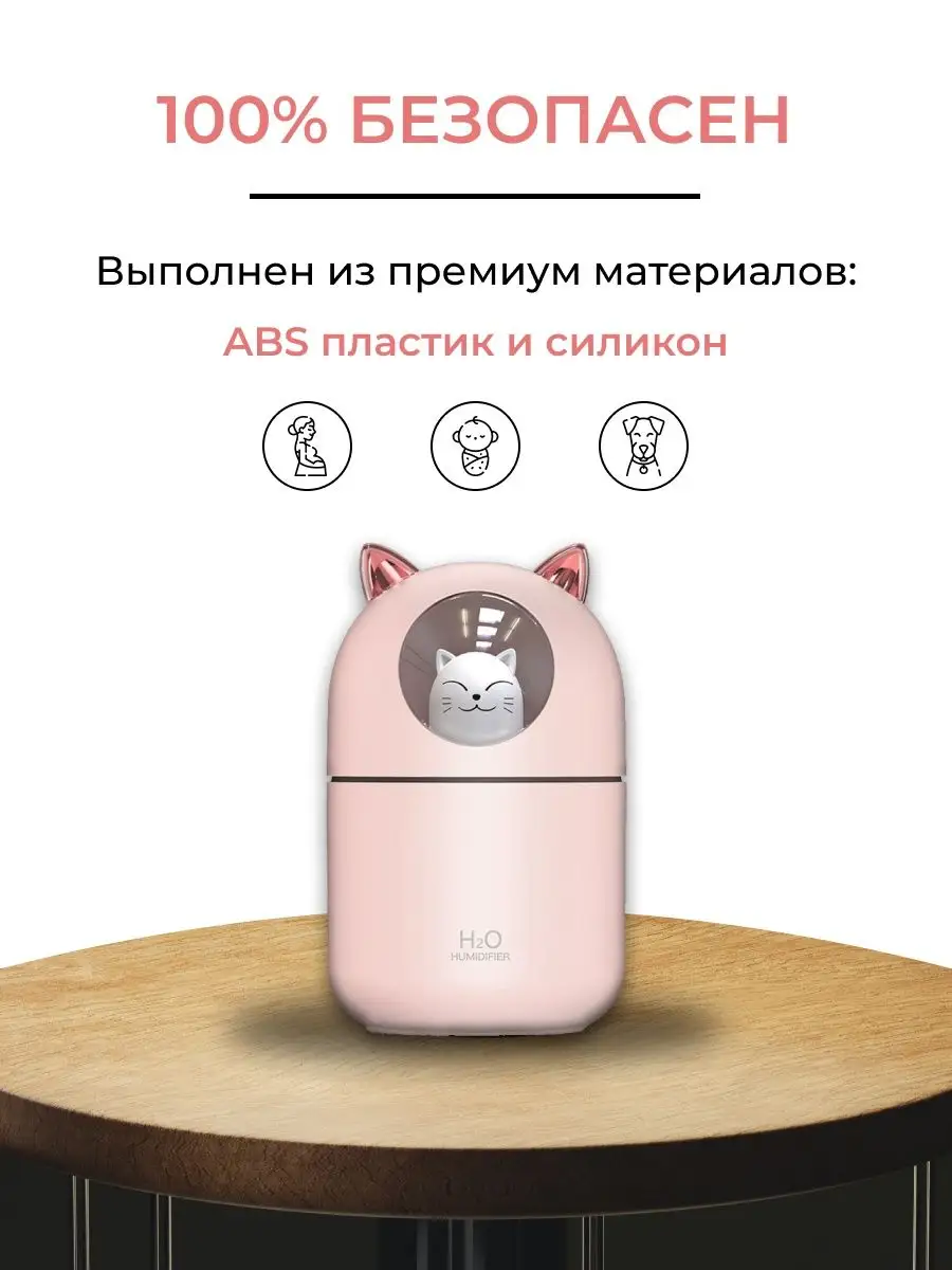 Увлажнитель воздуха мини Котик с подсветкой, ультразвуковой увлажнитель для дома, ночник светильник, розовый - фотография № 7