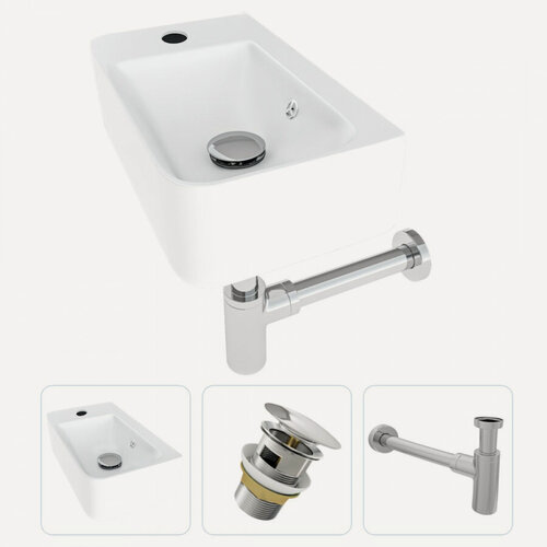 Изображение товара Раковина подвесная для ванной Teymi Hanna 45 левая в комплекте донный клапан клик-клак с переливом хром и сифон хром F07557