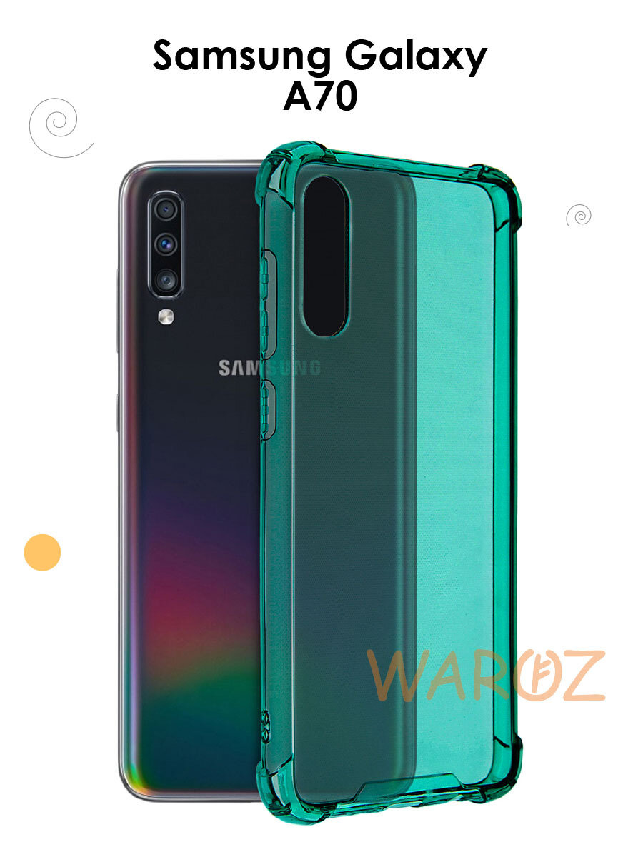 Чехол силиконовый на телефон Samsung Galaxy A70 противоударный с защитой камеры, бампер с усиленными углами для смартфона Самсунг Галакси А70 прозрачный зеленый