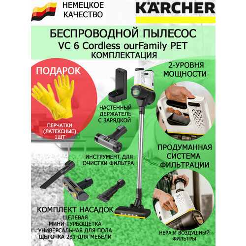 Пылесос вертикальный Karcher VC 6 Cordless ourFamily Pet латексные перчатки 3958900₽