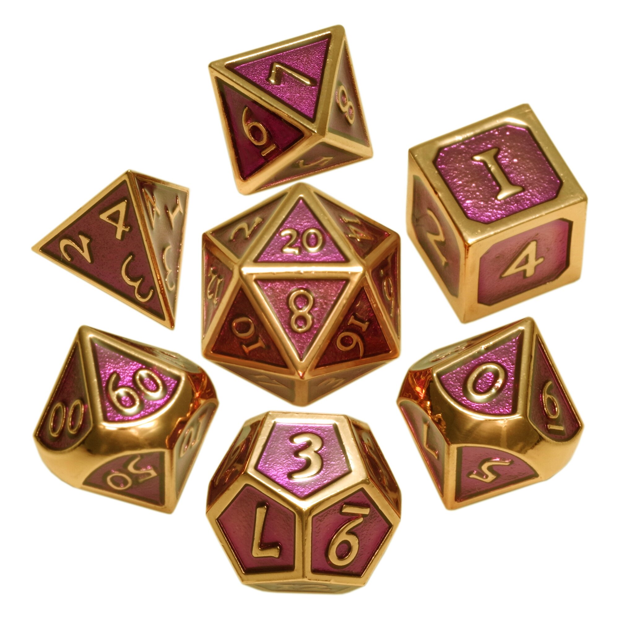 Набор металлических кубиков Stuff-pro игральных костей D4, D6, D8, D10-2, D12, D20 золотой с фиолетовым