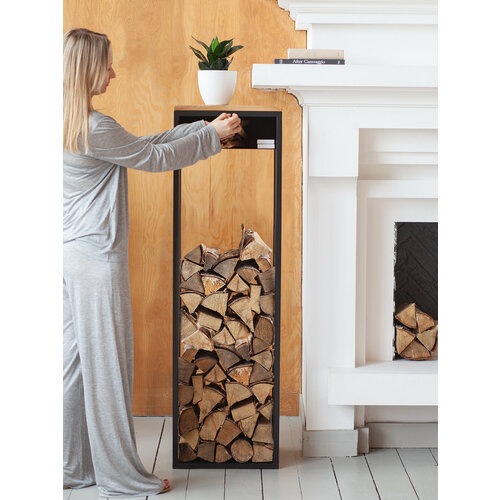 Дровница SOHO с полкой, черная, столешница дерево, 400х300x1200