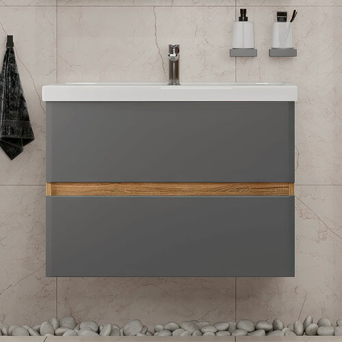 Изображение товара Тумба подвесная SanStar Graffa 70 с раковиной Фостер 70 (комплект) для ванной комнаты Дуб вотан, графит софт