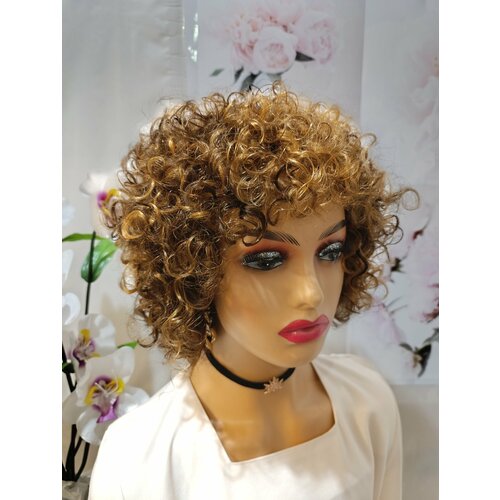 Кудрявый парик из натуральных волос длина пряди 16 см размер 5258 см золотисто каштановый 15800₽