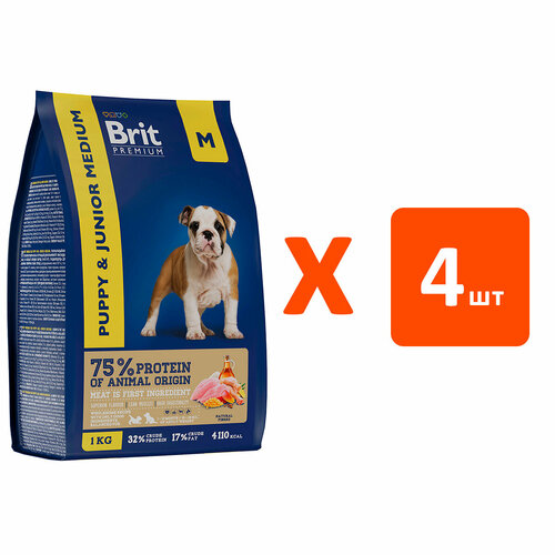 BRIT PREMIUM DOG PUPPY & JUNIOR MEDIUM для щен и мол соб средних пород с курицей NEW 1 кг х 4 шт