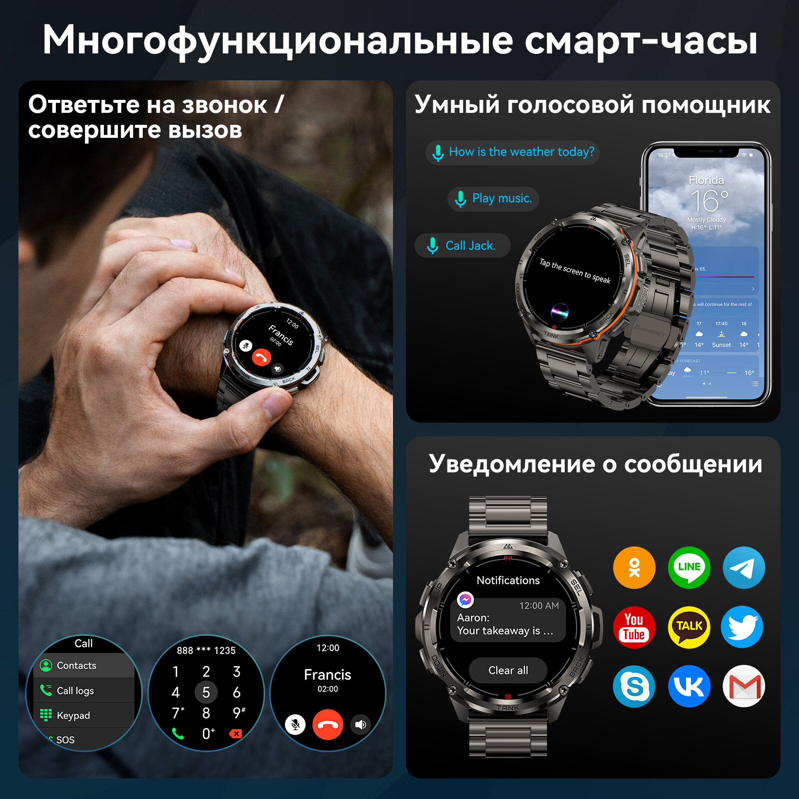 KOSPET TANK T3U умные/смарт часы Мужские часы военного образца, Поддержка GPS, водонепроницаемость на глубине 100 метров, голосовой помощник, мониторинг состояния здоровья и работают в режиме ожидания до 70 дней. С металлическим браслетом — фото 1