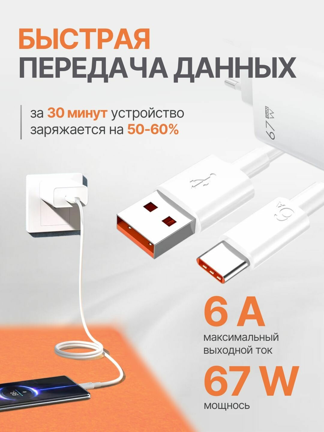 Зарядное устройство для телефона с кабелем 67W Xiaomi / Зарядный блок Type C с кабелем / Блок питания — фото 1