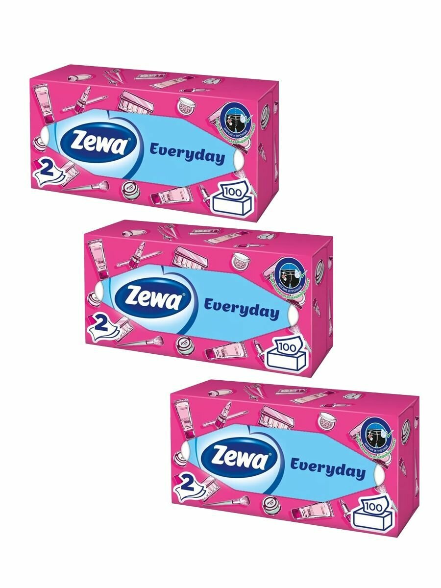 Салфетки бумажные Zewa Everyday косметические, комплект из 3 пачки по 100 листов
