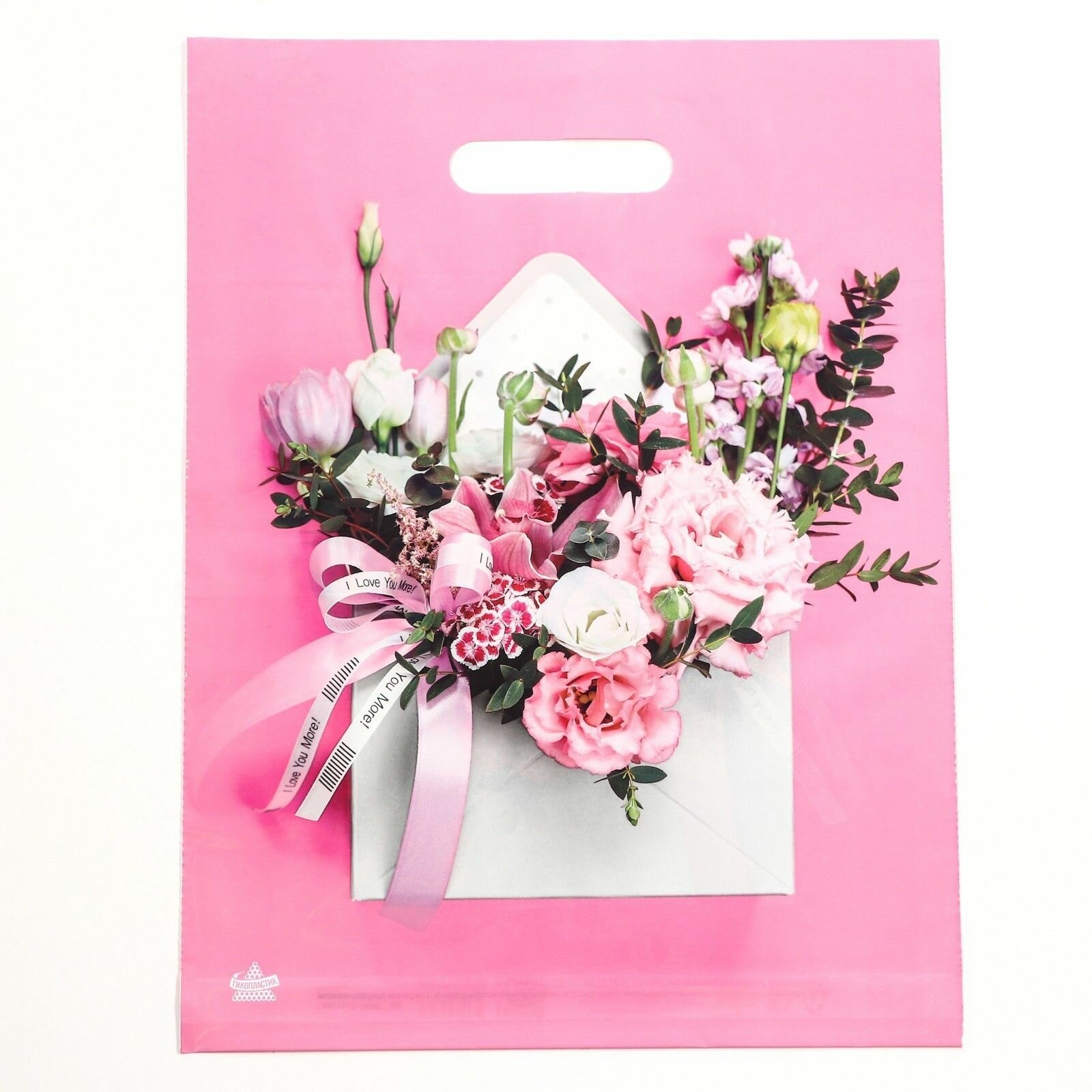 Розовый пакет с цветочным принтом и вырубной ручкой (40х31 см)