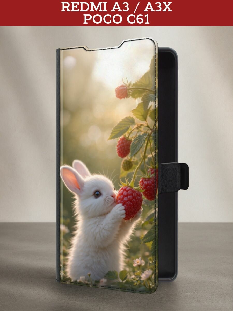 Чехол-книжка на Xiaomi Redmi A3/A3x/Poco C61 / Редми А3/Редми А3х/Поко С61 с принтом Зайчик с малиной, черный