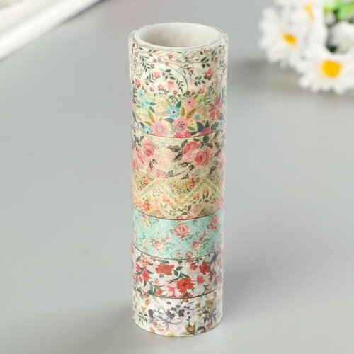 Клейкие WASHI-ленты для декора цветочный микс, 15 мм х 3 м (набор 7 шт) рисовая бумага